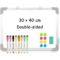 DOLLAR BOSS Magnetic Whiteboard A3 Double Sided 30x40cm Hanging Small Whiteboard for Wall Dry Erase Mini Whiteboard for Kids School Home Office Memo 8 Pens 6