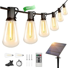 Torkase Solar Fairy Lights Outdoor 18 m, ST38 LED Fairy Lights spuldzes ārā 25 + 2 plastmasas spuldzes ūdensizturīgas IP65 āra, dārza, terases, kāzu, kāzu, koku, svinību dekorēšanai, 2200 K Warm White 60 ft