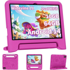 TUOHAITIME Kids Tablet 10 collu Android 14 Octa Core Tablet bērniem 10GB RAM + 64GB ROM FHD Touch Screen 2.4/5G WiFi Bluetooth Dual Camera GPS (rozā)