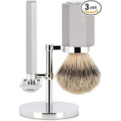 MÜHLE sešstūra sērijas skūšanās piederumu komplekts Silver Tip Badger Cut Safety Razor Anodēts alumīnijs Pure