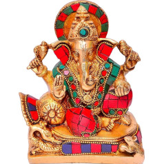 Purpledip hinduistu reliģiskā Dieva statuja no Kunga Ganešas (Ganapathi vai Vinajaka) no misiņa metāla ar tirkīza dārgakmens darbu (10647)