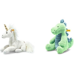 Steiff Unica Floppy Unicorn White Lying 27 cm & plīša rotaļlieta Mockery Stegosaurus Green Petrol 28 cm, rotaļlieta dinozaurs, mīksti, mīļi draugi, zīmola plīšs ar pogu ausī, mazuļiem no dzimšanas