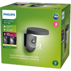 Philips Tyla āra sienas gaisma (9 W), laikapstākļiem izturīgs āra apgaismojums ar kustības sensoru un silti baltu LED apgaismojumu, antracīts