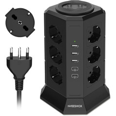 NVEESHOX vertikāls strāvas adapteris ar 12 universālām Schuko rozetēm (4000 W 10/16 A) un 2 USB-C (20 W PD3.0) un 3 USB-A, vertikāla aizsardzība pret pārspriegumu ar slēdzi, 2 M kabelis (melns)