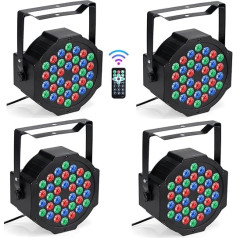 4 LED Par prožektoru komplekts, 36 LED skatuves gaisma 36 W Disco Light Party Light RGB DMX512 ar tālvadības pults priekšējo lukturi KTV skatuves šovam DJ pusei Ziemassvētki