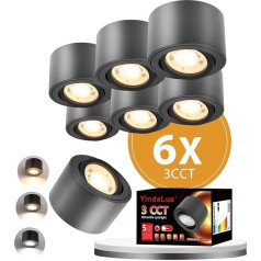 YindaLux 6 x 3CCT LED virsmas prožektori, melni, īpaši plakani un 30° pagriežami prožektori, griestu prožektori, diametrs 80 x 50 mm, griesti, ieskaitot 5 W 500 LM dimmable LED moduli 230 V,