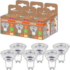 OSRAM augstas efektivitātes PAR16 atstarotājlampa ar B energoefektivitātes klasi, GU10 pamatne, 50 W, nominālā jauda 2 W, 2700K (silti balta), īpaši energoefektīvs, caurspīdīgs stikls, bez apgaismojuma, 6 gab. iepakojumā