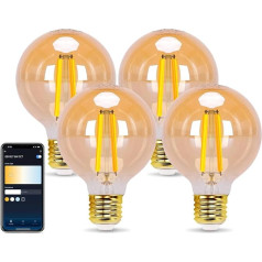 Aigostar Smart LED spuldzīte E27, 6 W Vintage spuldzes, G80 Amber Globe, 806 LM Warm White Dimmable 2700 K -6500 K, saderīga ar Alexa un Google Home, nav nepieciešams centrmezgls, 2,4 GHz WiFi, 4 gab. komplektā