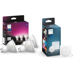 Philips Hue White & Color Ambiance GU10, 3 gabali, ieskaitot Hue Tap Dial slēdzi, 3 x 350 lm, ar iespēju regulēt apgaismojumu, līdz 16 miljoniem krāsu, vadāms ar lietotni, saderīgs ar Amazon Alexa (Echo, Echo Dot)