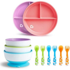 Munchkin Stay Put Suction Bowls, 3 Pack, Stay Put Plates with Suction Cup, Pink/Purple, Munchkin Colourful Forks and Spoons, Pack of 6