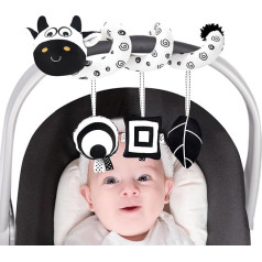 vocheer Hanging Toy Car Seat Crib Movement, dzīvnieku aplis plīša rotaļlieta Proller Black and White Squeaky Animal Toy Travel Activity Hanging Wind Chimes 0-6 Months (Cow)