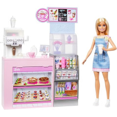 Barbie Naschcafé HXN94 rotaļu komplekts ar gaišmataino lelli bāristi un vairāk nekā 12 piederumiem, tostarp kafijas/smūtijveidotāju, ēdienu un tasītēm