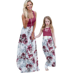 OMZIN Mother and Daughter Maxi Long Dress Stitching Floral Pattern Dresses Family Clothing Party Dress Beach Dress Mother and Girls S-3XL, Wine red flower