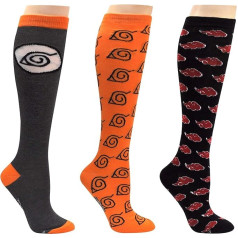 Naruto Shippuden Socks Cosplay (3 Pairs) - (Women) Naruto Gifts Hidden Leaf Village Akatsuki Knee Socks - Fits Shoe Size 4-10 (Women), multicoloured