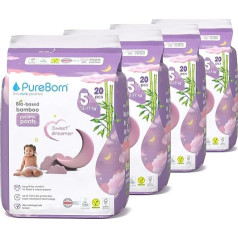 PureBorn Organic Bambusa nakts autiņbiksītes, 5. izmērs (12-17 kg), 80 (4 x 20) gabaliņi pidžamas autiņbiksīšu biksītes, aizsardzība pret noplūdi visas nakts garumā, aizsardzība pret smakām, apakšbiksītes ar mitruma indikatoru