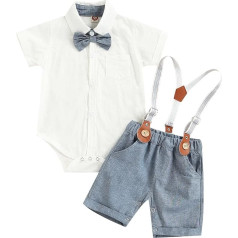 Geagodelia Baby Boys' Clothing Set with Braces and Bow Tie, Short Sleeve Bodysuit Romper Summer T-Shirt Top Shorts Baby Clothing Set Summer Baby Gentleman Suit for Christening Wedding