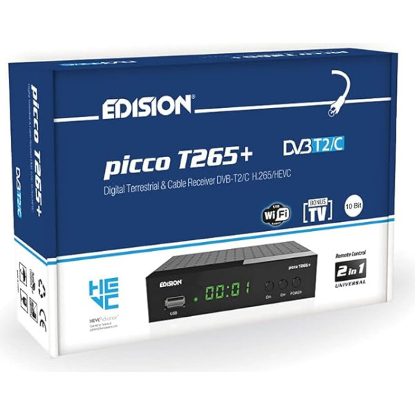 Edision Picco T265+ virszemes DVB-T2 un kabeļu DVB-C uztvērējs, H265 HEVC, FTA Full HD PVR, USB, HDMI, SCART, S/PDIF, IR, USB WiFi atbalsts, universāla 2-in-1 tālvadības pults, melns