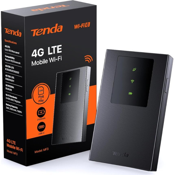 Tenda MF3 mobilais WLAN rūteris Nano SIM kartēm, AX300 Wi-Fi 6 portatīvais Hotspot, 2100 mAh akumulators, USB-C ports, Plug & Play, WPA3, 4G modems, MiFi, mini izmērs, saderīgs ar visām Eiropas SIM kartēm