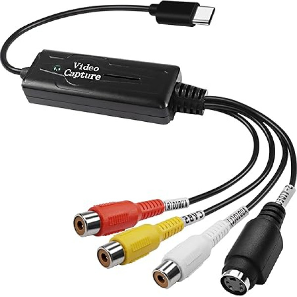 XMSJSIY RCA AV uz USB C pārveidotājs Video uztveršanas kartes adapteris 1 kanāla AV NTSC PAL Video S Video/Kompozīts uz USB pārveidotājs Video Audio RCA mobilajam telefonam/PC