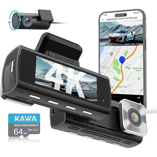 KAWA 4K Dash Cam priekšējā un aizmugurējā kamera, AI-ISP reālu krāsu nakts redzamība, 4K + 1080P WiFi Dash Cam Car, ietver 64 GB SD karti, ar GPS, 3,16 collu IPS ekrāns, cilpas ierakstīšana, ārkārtas ierakstīšana, 24 stundas