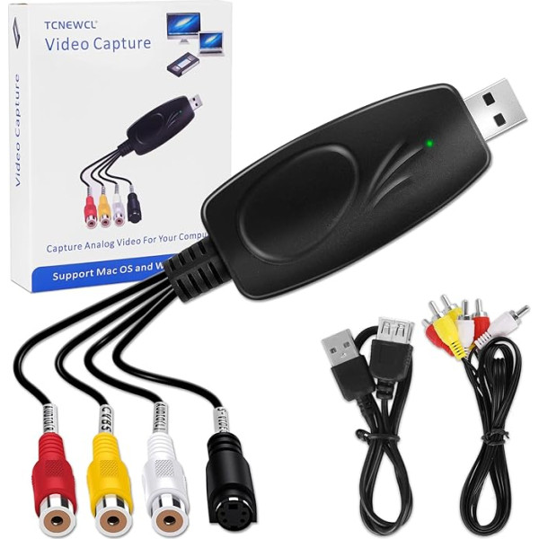 TCNEWCL RCA uz USB 2.0 Video Grabber, audio video pārveidotājs pārraida Hi8 VCR VHS DVD uz digitālo video uztveršanai Windows 7 8 10 /XP/Vista/Mac OS