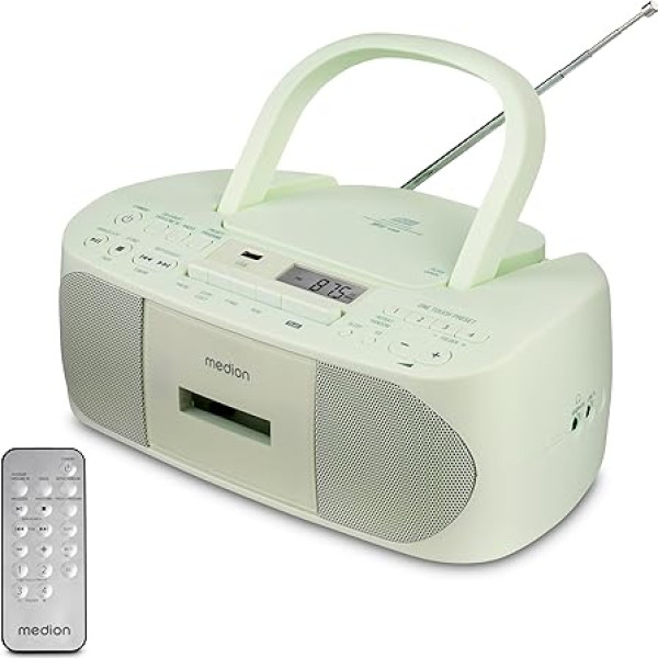 MEDION E65010 Stereo Radio CD atskaņotājs Kasešu atskaņotājs USB ports AUX audio ieeja MP3 atskaņošana FM PLL radio 40 staciju atmiņa Akumulatora tālvadības pults Zaļa krāsa