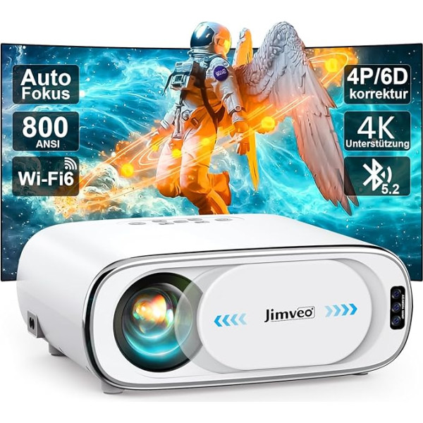 Projektora automašīnas objektīva vāciņš/autofokuss: Automobiļu 6D trapeces korekcijas projektors 4K WiFi6 Bluetooth Jimveo 26000L 1080P Full HD portatīvais projektors Āra 300 collu displejs Mājas kino ar tīkla kabeli.