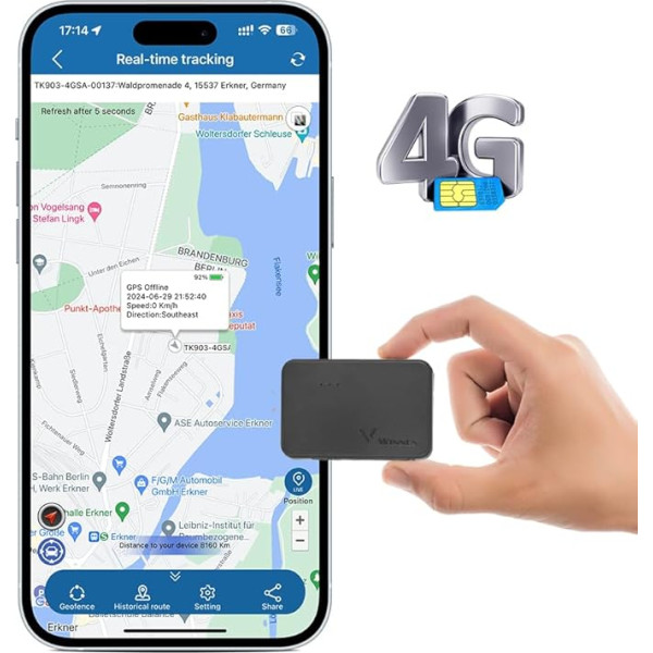 TKMARS TK903 GPS izsekotājs 4G ar SIM karti/nepieciešams abonements, 1500mAh akumulators, mini magnētiskais GPS izsekotājs, APP/tīmekļa izsekošana un trauksmes signāli, 10 sekunžu atjaunināšanas intervāls (regulējams)