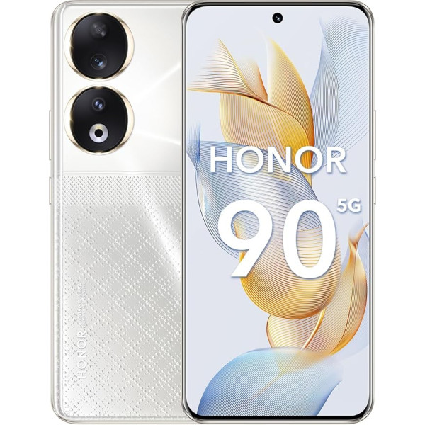 HONOR 90 5G viedtālrunis ar 200 MP trīskāršu kameru, 12 GB + 512 GB, Android mobilais tālrunis, 6,7 collu AMOLED displejs, 120 Hz, 5000 mAh, Dual SIM un NFC - sudraba krāsā