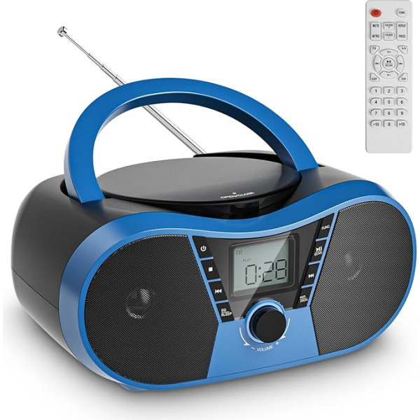 Gueray Pārnēsājamais CD atskaņotājs Boombox Bluetooth Pārnēsājamais CD atskaņotājs Stereo radio ar FM radio Stereo skaļrunis USB un AUX ieeja un austiņu pieslēgvietas LCD displejs Tālvadības pults