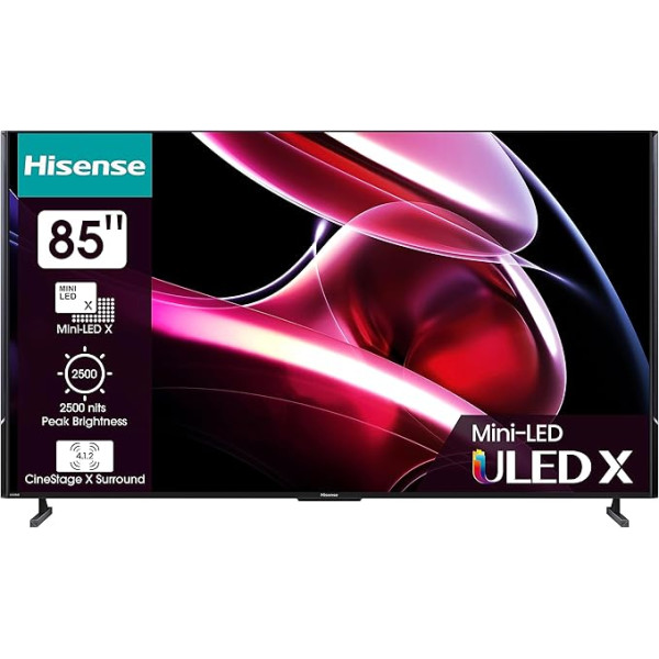 Hisense 85UXKQ 217 cm (85 collu) televizors, 4K Mini LED ULED, Smart TV, HDR10+, Dolby Vision IQ, Trīs uztvērēji, 144 Hz (VRR), Airplay, Iebūvēta Alexa, Dolby Atmos, antracīts (2023)