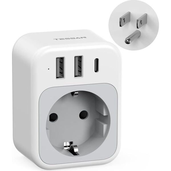 TESSAN ASV adaptera ligzda, 4 in 1 ceļojuma adapteris ASV ar 1 USB C un 2 USB A, adapteris ASV Vācijas kontaktdakša 1875W, adapteris no ES uz ASV, ASV kontaktligzdas adapteris Taizemei un Kanādai, B tipa ceļojuma kontaktdakša