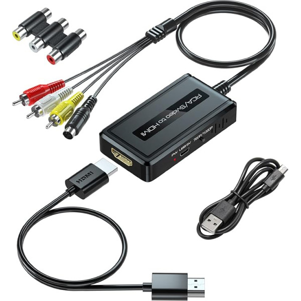 PARUIEN 2 in 1 RCA/S-Video uz HDMI pārveidotājs ar 720P/1080P izejas slēdzi, Svideo uz HDMI pārveidotājs, saderīgs ar VHS/DVD/STB/N64/PS2/Wii