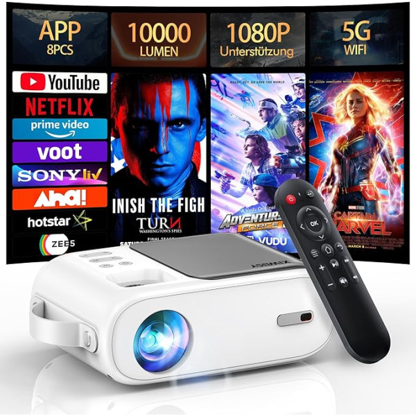 YouTube un Netflix: XIWBSY Mini projektors, 10 000 lūmenu WiFi Bluetooth projektors Android ar 8 gabalu lietotni, 1080P mājas kino projektors, LED projektors, saderīgs ar Android/iOS/Windows/TV, neliels, LED projektors, saderīgs ar Android/iOS/Windows