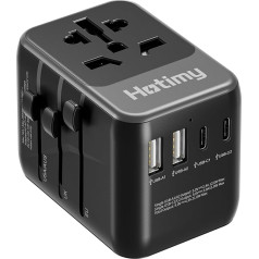 Hotimy Travel Adapter Worldwide, ceļojuma kontaktdakšu adapteris visā pasaulē ar 4 USB (2 USB C + 2 USB A) un 1 universālu kontaktligzdu, dubultā 10 A, drošs starptautiskais strāvas adapteris ar ES UK USA AU kontaktdakšu