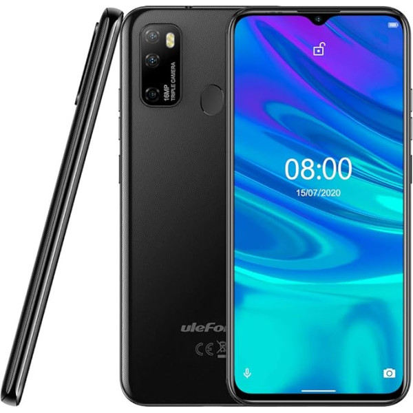 Ulefone Note 9P viedtālrunis ar Android 10, 6,52 collu mobilais tālrunis bez līguma, 16 MP Quad kamera, Octa-Core 4 GB + 64 GB, 3 karšu slots, Dual SIM, 4500 mAh akumulators OTG, sejas atbloķēšana + pirkstu nospiedumi, melns