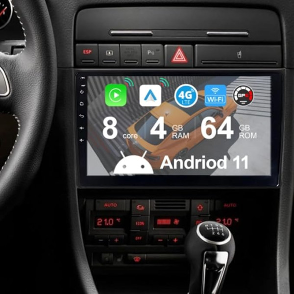 JUNHUA 9 collu Android 11 auto radio priekš Audi A4 S4 RS4 Octa-Core 4GB + 64GB Auto Radio Stereo Bezvadu Carplay Android auto atskaņotājs GPS navigācija Bluetooth 5.1 WiFi SWC RDS iebūvēts 4G LTE