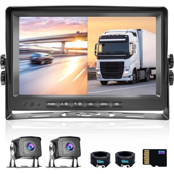 CAMECHO atpakaļgaitas kameras 2 kameru komplekts, 9 collu LCD monitora DVR + 2 dalītas aizmugures kameras ar nakts redzamības IP69 ūdensizturību + video ierakstīšana kravas automašīnai/autobusam/autobusam 12V-35V