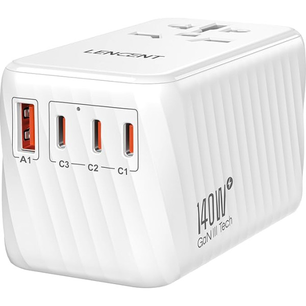 LENCENT starptautiskais ceļojuma adapteris, 140 W GaN3 universālais adapteris ar 3 PD3.1 C+1 QC USB A tipa USB, pasaules mēroga adapteris mobilajiem tālruņiem, 