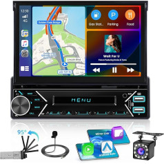 Inefala Auto radio 1 DIN ar bezvadu CarPlay Android Car, 7 collu skārienekrāns, automātisks, izvelkams radio ar Bluetooth FM Link spoguli, AUX-in SWC EQ USB/Type-C + atpakaļgaitas kamera