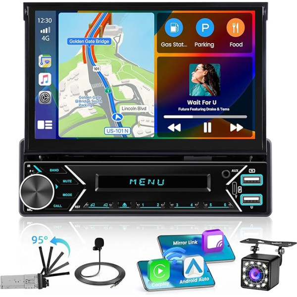 Inefala Auto radio 1 DIN ar bezvadu CarPlay Android Car, 7 collu skārienekrāns, automātisks, izvelkams radio ar Bluetooth FM Link spoguli, AUX-in SWC EQ USB/Type-C + atpakaļgaitas kamera