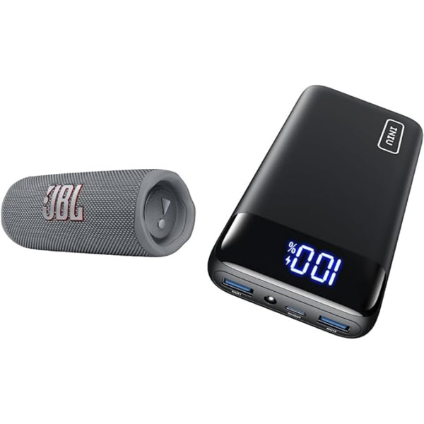 JBL Flip 6 Bluetooth kaste pelēkā krāsā - ūdensizturīgs pārnēsājamais skaļrunis un INIU Power Bank, 20000 mAh Power Bank ātrās uzlādes funkcija USB C ieeja un izeja