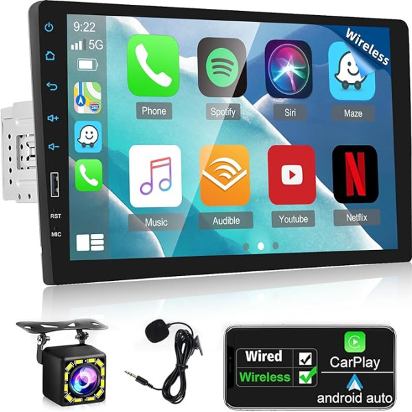 NHOPEEW 1 DIN auto radio ar ekrānu - Bezvadu Carplay un Android auto radio Suopport Mirror Link FM EQ stūres kontrole + 12 LED atpakaļgaitas kamera un mikrofons