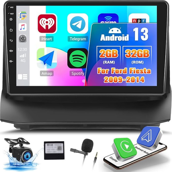 OiLiehu 2G + 32G Android 13 Carplay Android auto radio 2DIN Ford Fiesta 2009-2014 Bluetooth auto radio ar 9 collu ekrānu Atbalsta Mirror Link/EQ/SWC/FM RDS/WiFi/GPS/Augstumāskata kamera