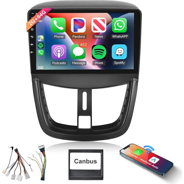 Podofo Carplay auto radio Peugeot 207 2006-2015, 9 collu skārienjūtīgais ekrāns, auto radio 2G + 64G ar bezvadu Carplay Android Car, Bluetooth/GPS/WiFi/FM/RDS/SWC/HiFi/USB+atgriešanas kamera