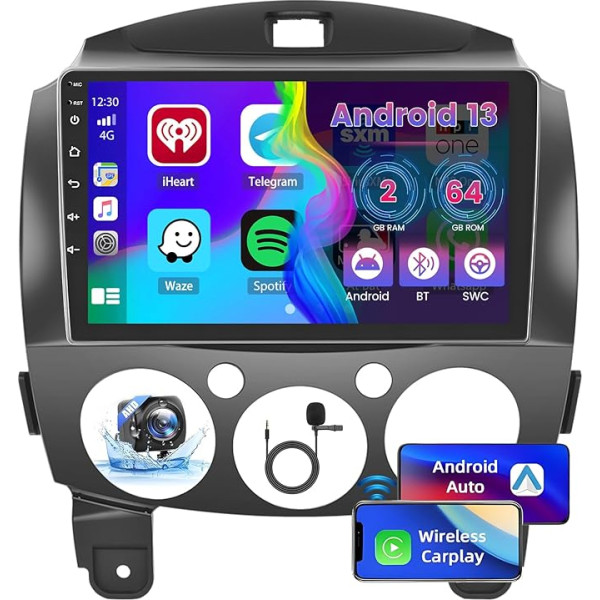 [2+64GB] Android 13 auto radio, priekš Mazda 2 2007-2014 Radio, CarPlay Android auto bezvadu, 9 collu ekrāns, Bluetooth, GPS navigācija WiFi EQ FM RDS SWC USB, atpakaļgaitas kamera