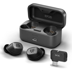 EPOS GTW 270 bezvadu hibrīdās Bluetooth austiņas, USB-C dongle, trokšņu slāpēšana, slēgts dizains, divi mikrofoni, ergonomiskas, IPX 5 ūdensnecaurlaidīgas, lādētājs, 20 stundu atskaņošanas laiks