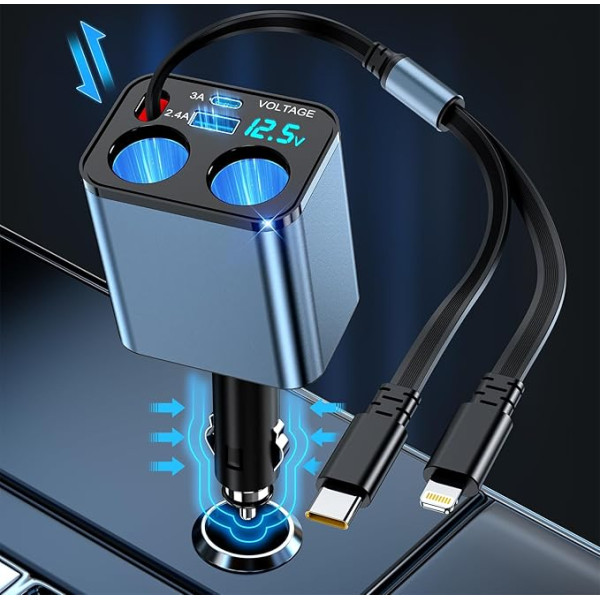 Cigarešu aizdedzinātāja sadalītājs 80 W USB C auto lādētājs Cigarešu aizdedzinātāja ligzdas adapteris 12 V/24 V USB sadalītājs Automašīnas 2 vairāku ligzdu sadalītājs ar LED voltmetru iPhone Samsung GPS kamerai Sat Nav