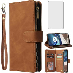 Asuwish Mobilais telefona futrālis priekš Motorola Moto G42 Case with Screen Protector and Card Slot Foldable Leather Wallet Stand G 42 4G Zip Tempered Glass Screen Protector Mobilais telefona futrālis Aizsargapvalks Telefonu aizsargvāciņi