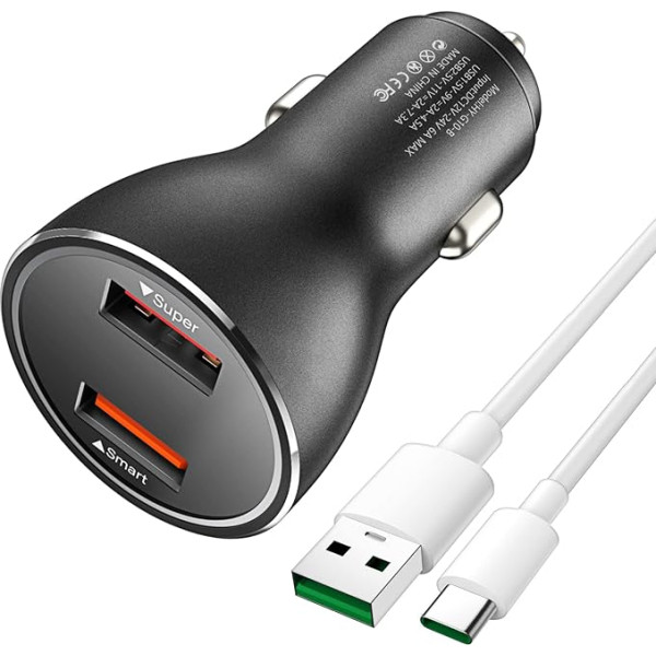 Cigarešu aizdedzinātāja USB lādētājs 80 W SuperVOOC+QC30W, USB ātrās uzlādes auto lādētājs ar 1 m USB C kabeli USB auto lādētājs OPPO Find X5 X3/2 Neo/Pro/Reno 8/7/6 Pro, Realme GT Neo 2 Pro, OnePlus 11